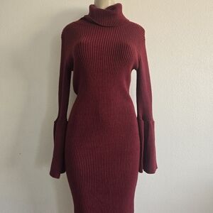 Turtleneck Ribbed Knit Dress in Burgundy
